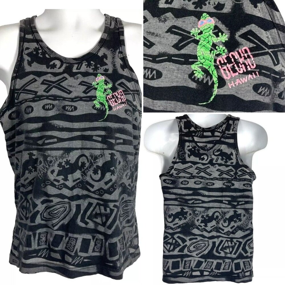 Gecko Hawaii All Over Tribal Print Vtg 90s Tank Top Unisex size XS Small 35x23"